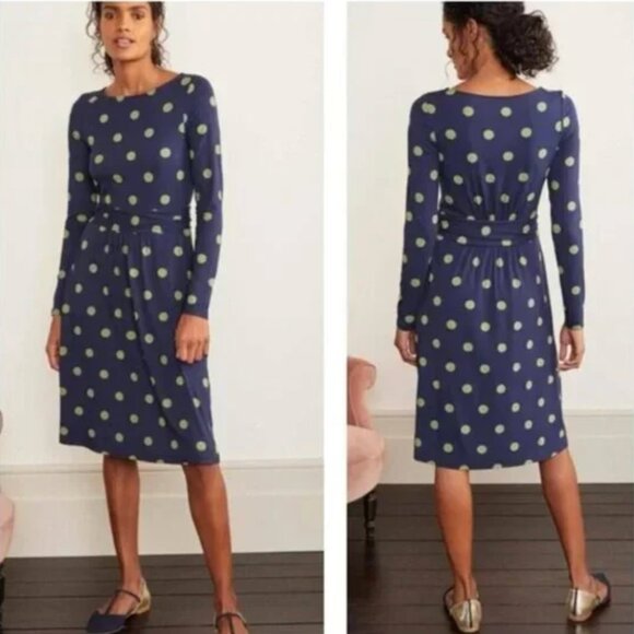 Boden Abigail Jersey Midi Dress Navy Blue Green Polka Dot 12P - Picture 2 of 7